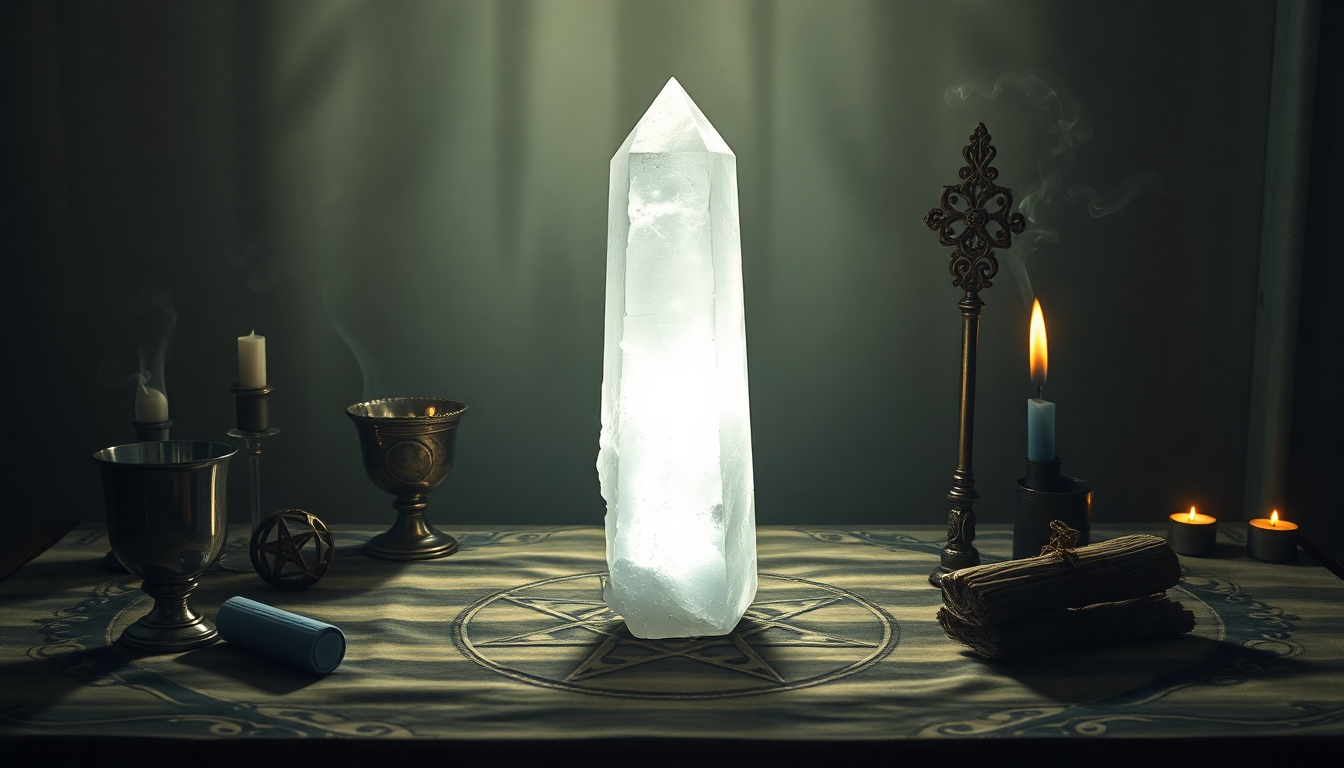 Large illuminated clear quartz point on ritual altar with candles and sacred symbols – representing the most powerful crystal in witchcraft.
