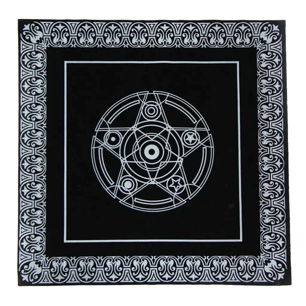 Black tablecloth with white pentagram and magic circle design