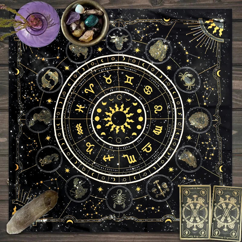 Tarot card tablecloth, 12 zodiac astrology altar cloth, fortune astrology prophecy card mat, drop board game tablecloth