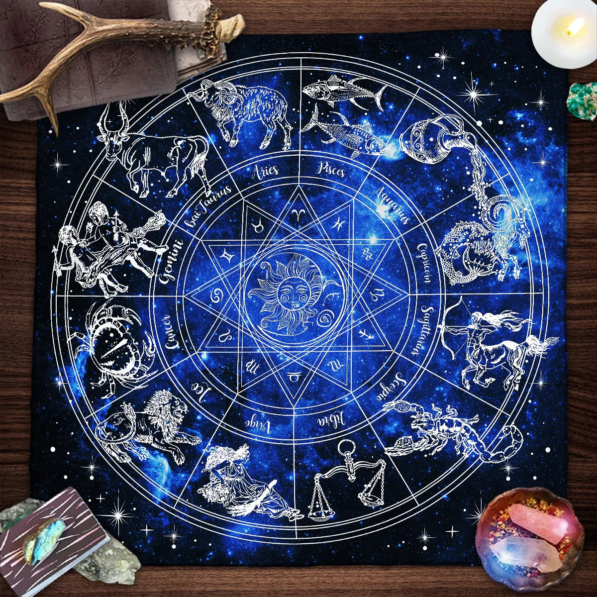 Tarot tablecloth with zodiac wheel and constellations.