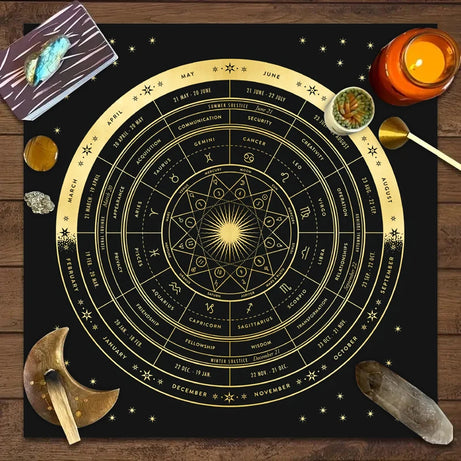 Black tablecloth with gold zodiac wheel and astrological chart