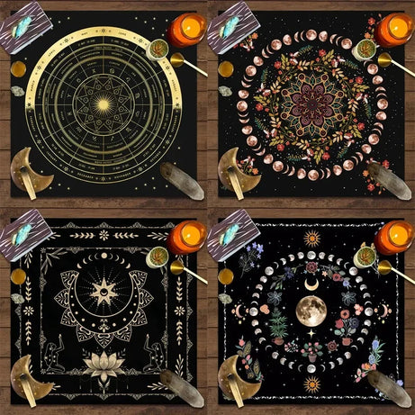 Black tablecloth with moon phases, flowers, and celestial design