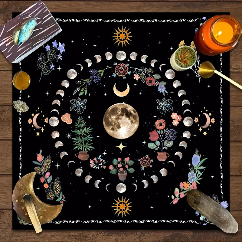 Tarot tablecloth with moon phases and floral design