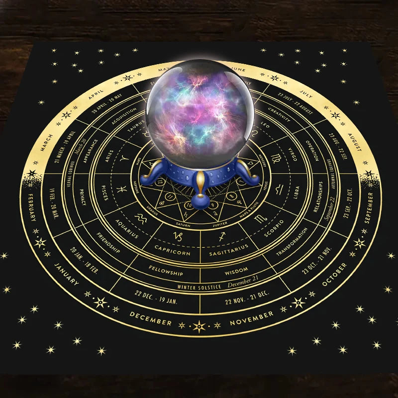 Tarot card tablecloth, 12 zodiac astrology altar cloth, fortune astrology prophecy card mat, drop board game tablecloth