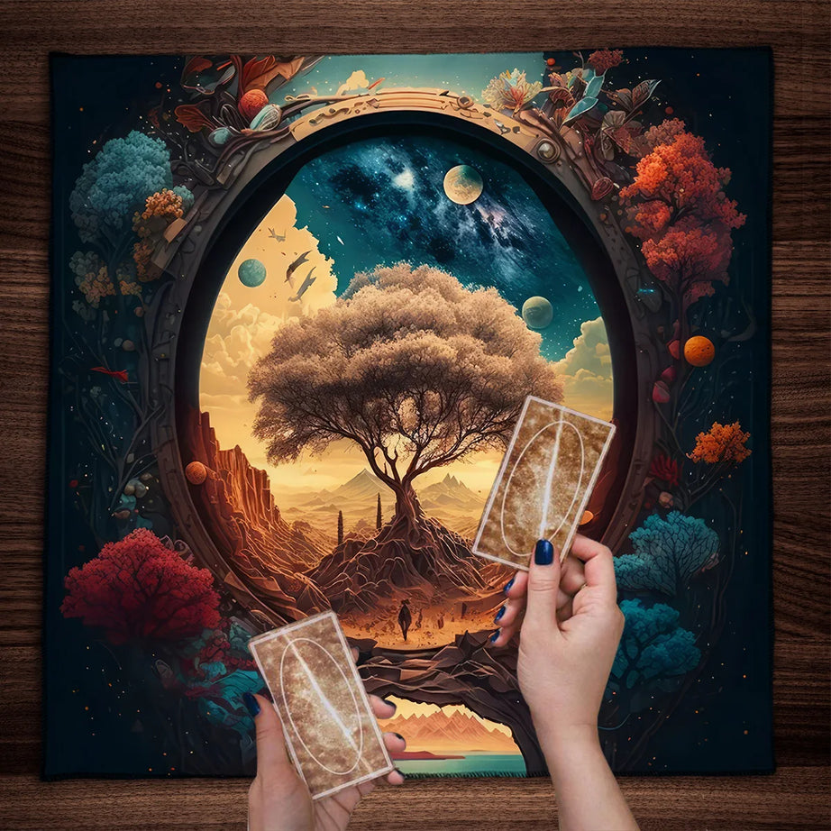 Mysterious Green Tree of Life Tarot Card Tablecloth Wicca Altar Cloth Fantastic Life Tree Tablecloth for Tarot Oracle Card Pad