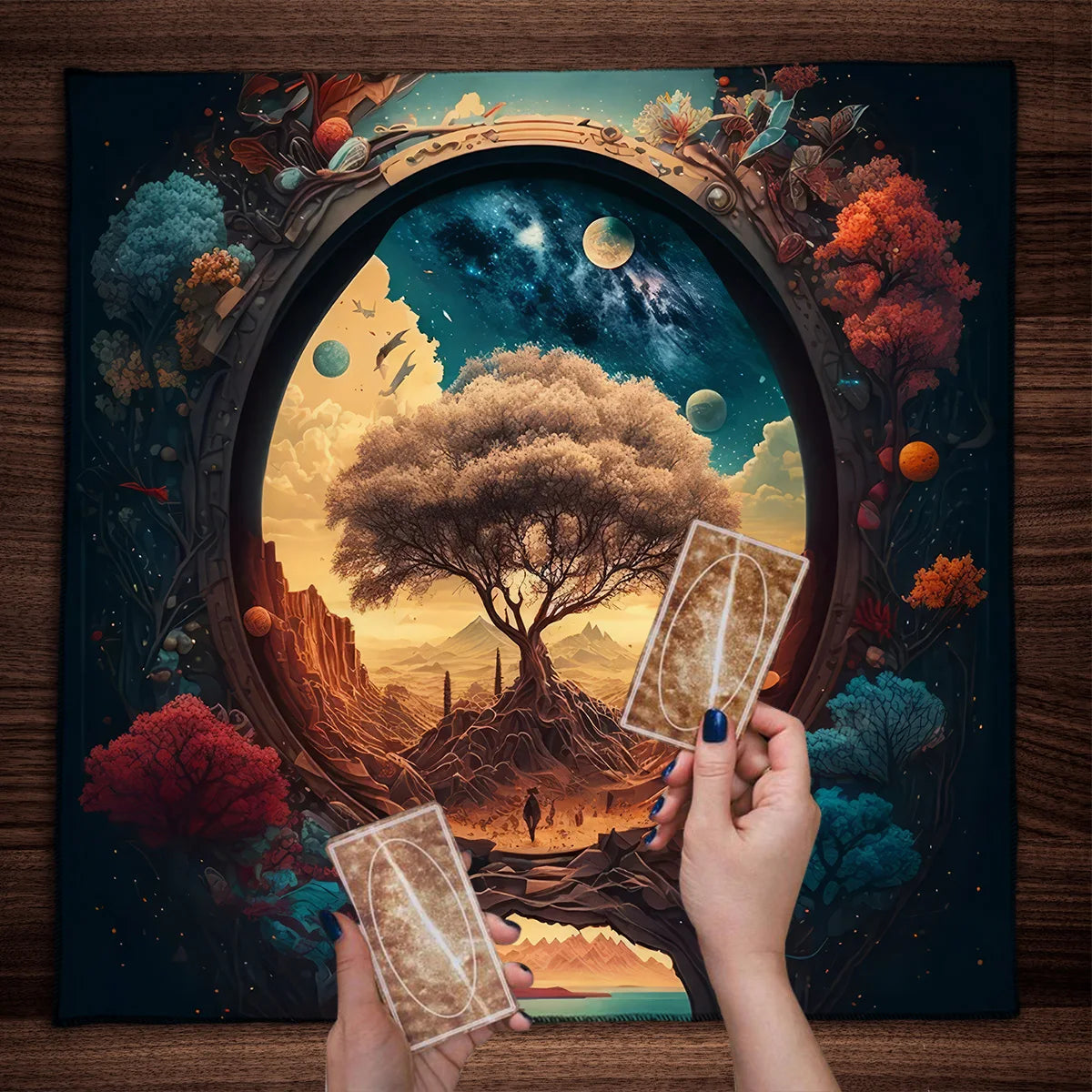 Mysterious Green Tree of Life Tarot Card Tablecloth Wicca Altar Cloth Fantastic Life Tree Tablecloth for Tarot Oracle Card Pad