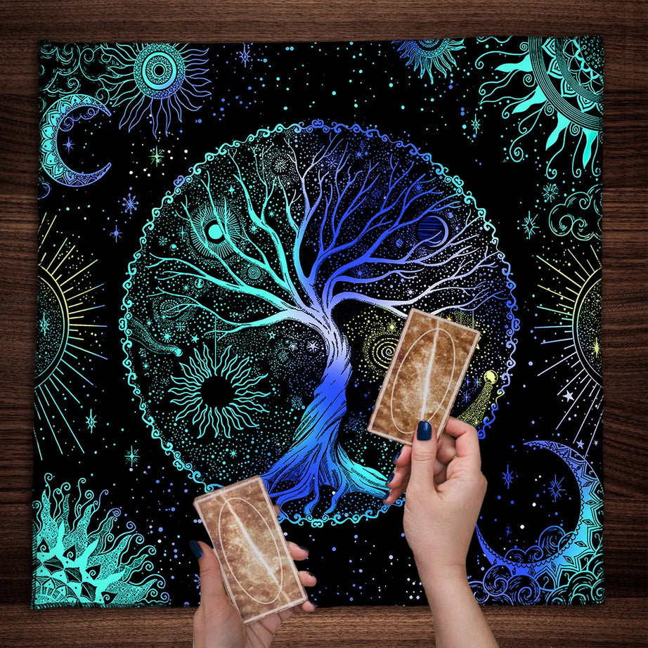 Blue Life Tree Tarot Tablecloth Sun Moon Starry Sky Altar Cloth Tarot Reading Cover Witchcraft Astrology Oracle Tarot Mat
