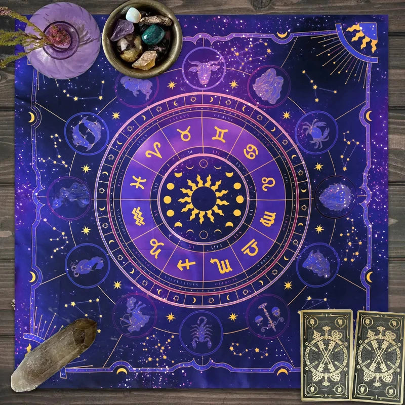 Tarot card tablecloth, 12 zodiac astrology altar cloth, fortune astrology prophecy card mat, drop board game tablecloth