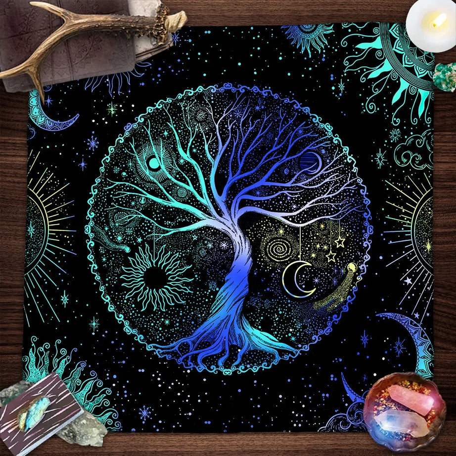 Blue Life Tree Tarot Tablecloth Sun Moon Starry Sky Altar Cloth Tarot Reading Cover Witchcraft Astrology Oracle Tarot Mat