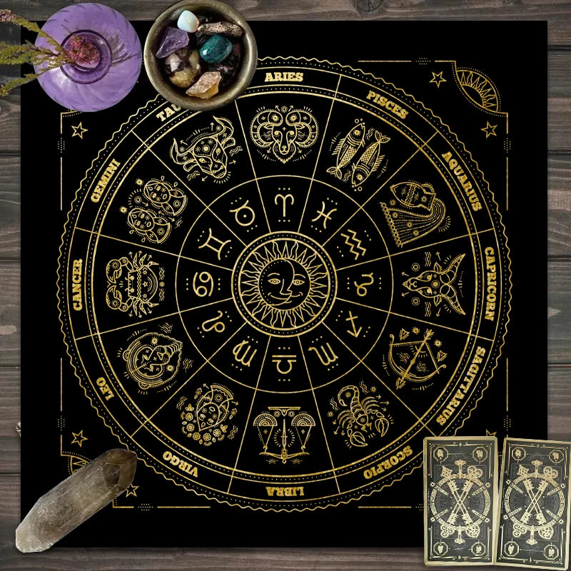 Tarot card tablecloth, 12 zodiac astrology altar cloth, fortune astrology prophecy card mat, drop board game tablecloth