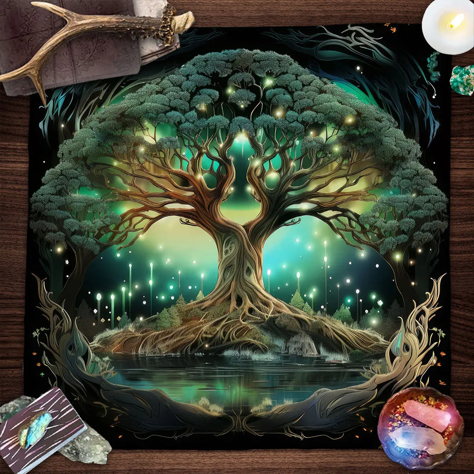 Mysterious Green Tree of Life Tarot Card Tablecloth Wicca Altar Cloth Fantastic Life Tree Tablecloth for Tarot Oracle Card Pad