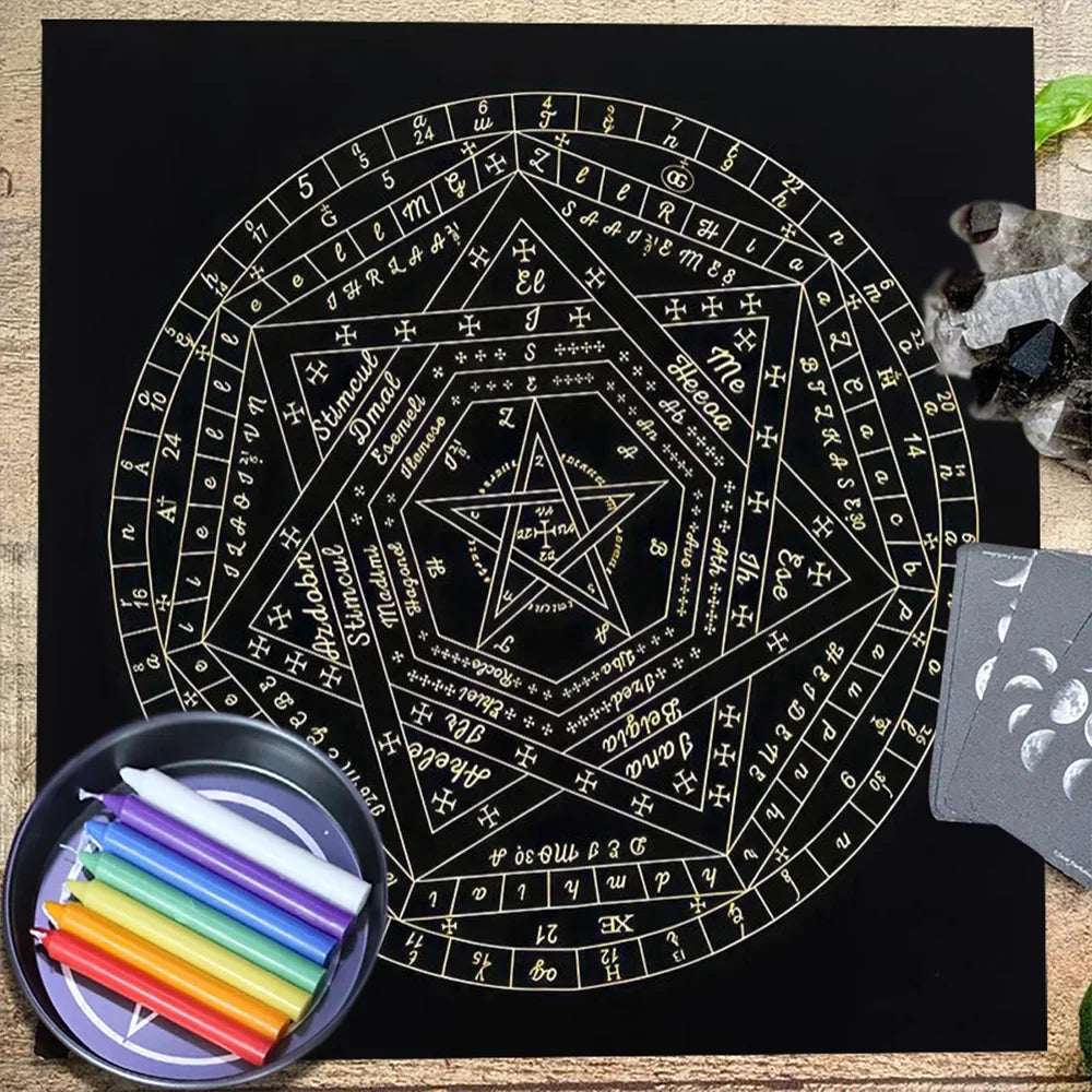 Tarot Card Tablecloth Sigillum Dei Aemeth Wheel of the Zodiac Astrology Chart Altar Cloth Tarot Spread Cloth Game Card Pad