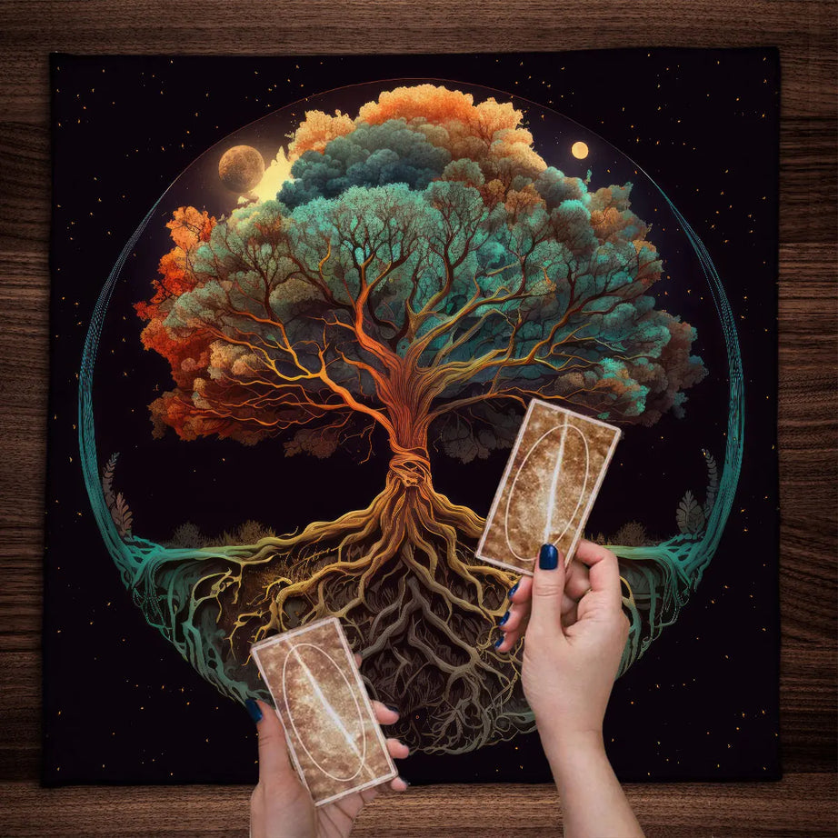 Mysterious Green Tree of Life Tarot Card Tablecloth Wicca Altar Cloth Fantastic Life Tree Tablecloth for Tarot Oracle Card Pad