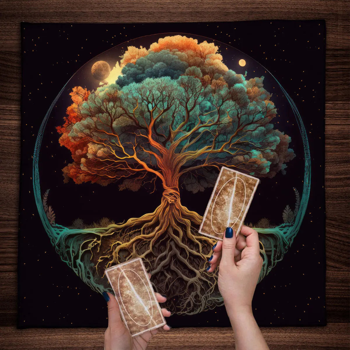 Mysterious Green Tree of Life Tarot Card Tablecloth Wicca Altar Cloth Fantastic Life Tree Tablecloth for Tarot Oracle Card Pad