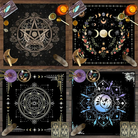 Blue tablecloth with mandala, sun, moon, and celestial design.