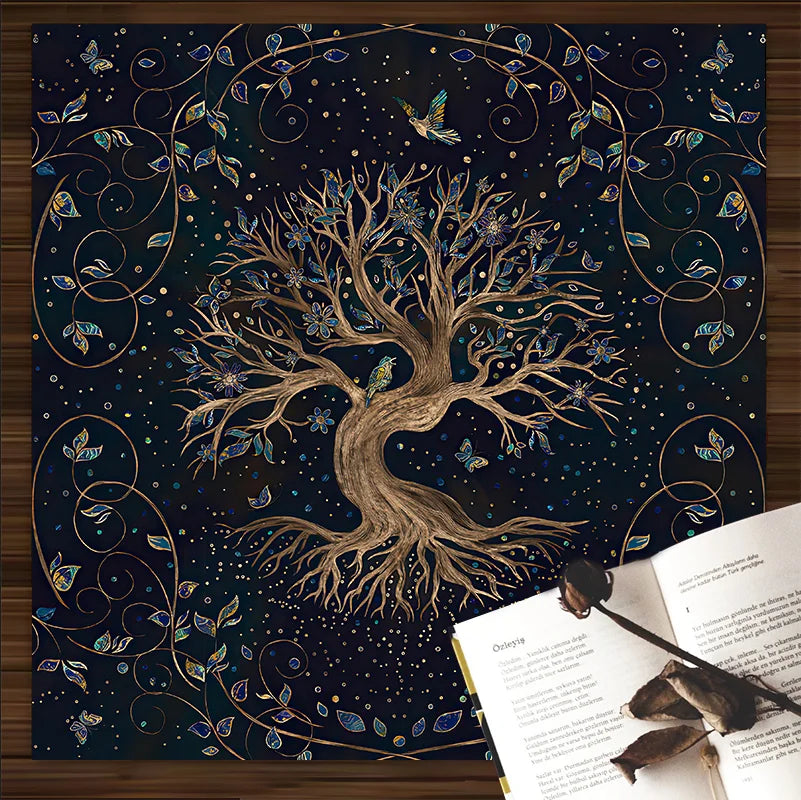 Black tablecloth with gold Tree of Life, birds, and butterflies