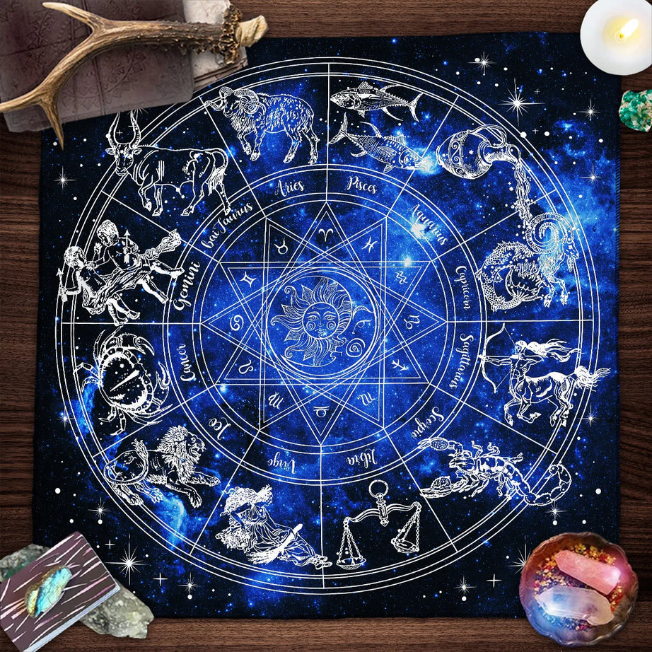 Tarot tablecloth with zodiac wheel and constellations.
